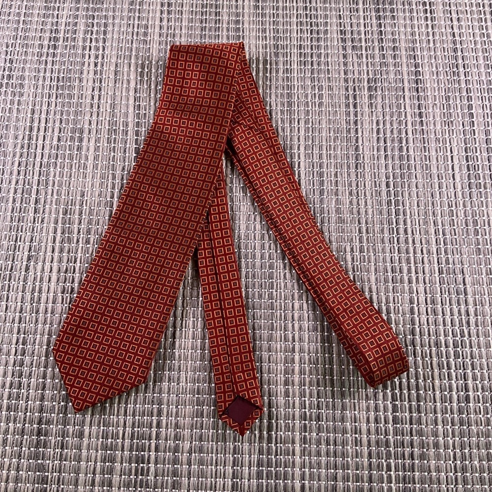 GQ Mens Silk Necktie Red Orange Geometric Square Pattern Classic Formal Tie